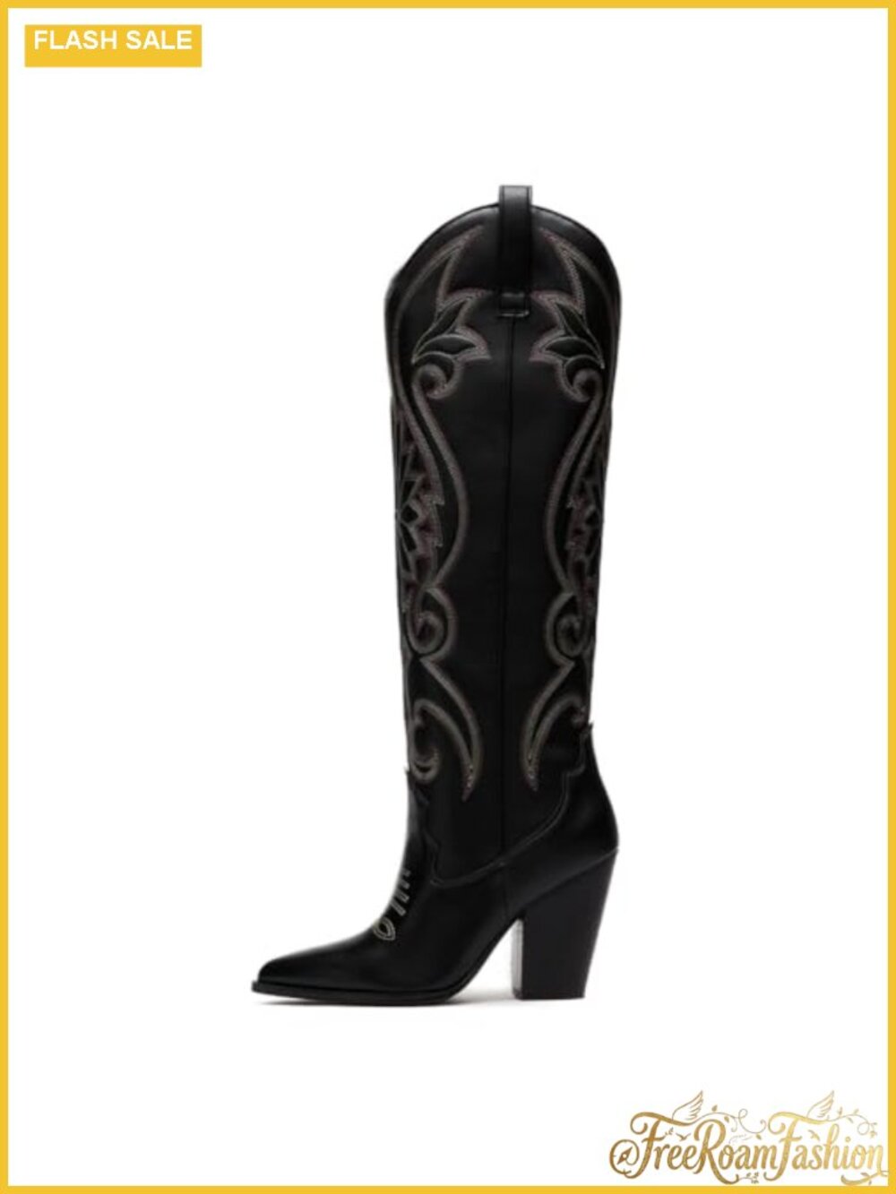 Knee High Chunky Heel Pointed Toe Embroidered Western Boots